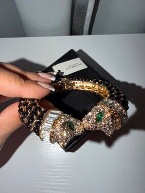 Natasha Couture Gold-Tone Panther Cuff Bracelet with Black Beads and Green Eyes